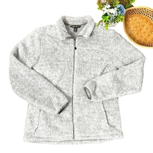 Eddie Bauer Gray Plush Soft Cozy Zip Up Jacket Size Large - Picture 16 of 16